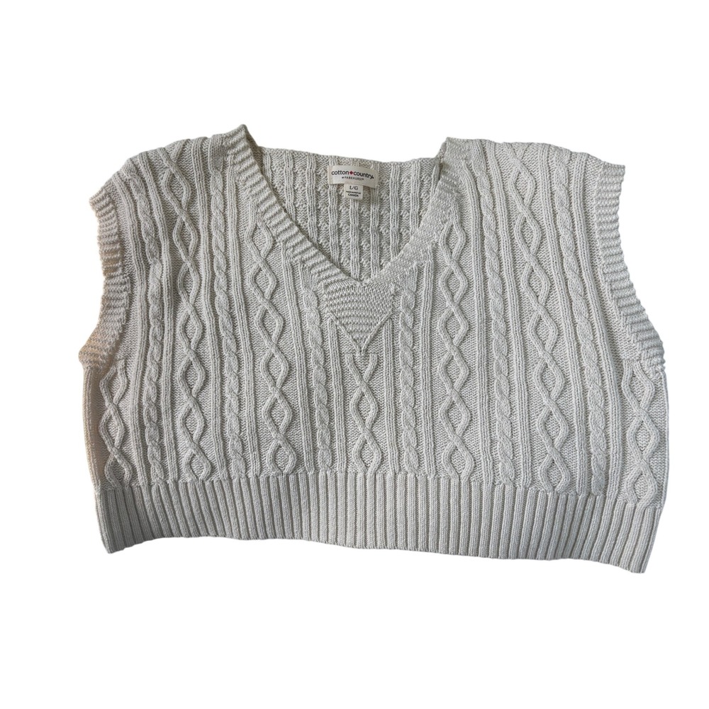 Cotton Country by Parkhurst Cream Cable Knit V-Neck Sweater Vest Eco-Cotton L